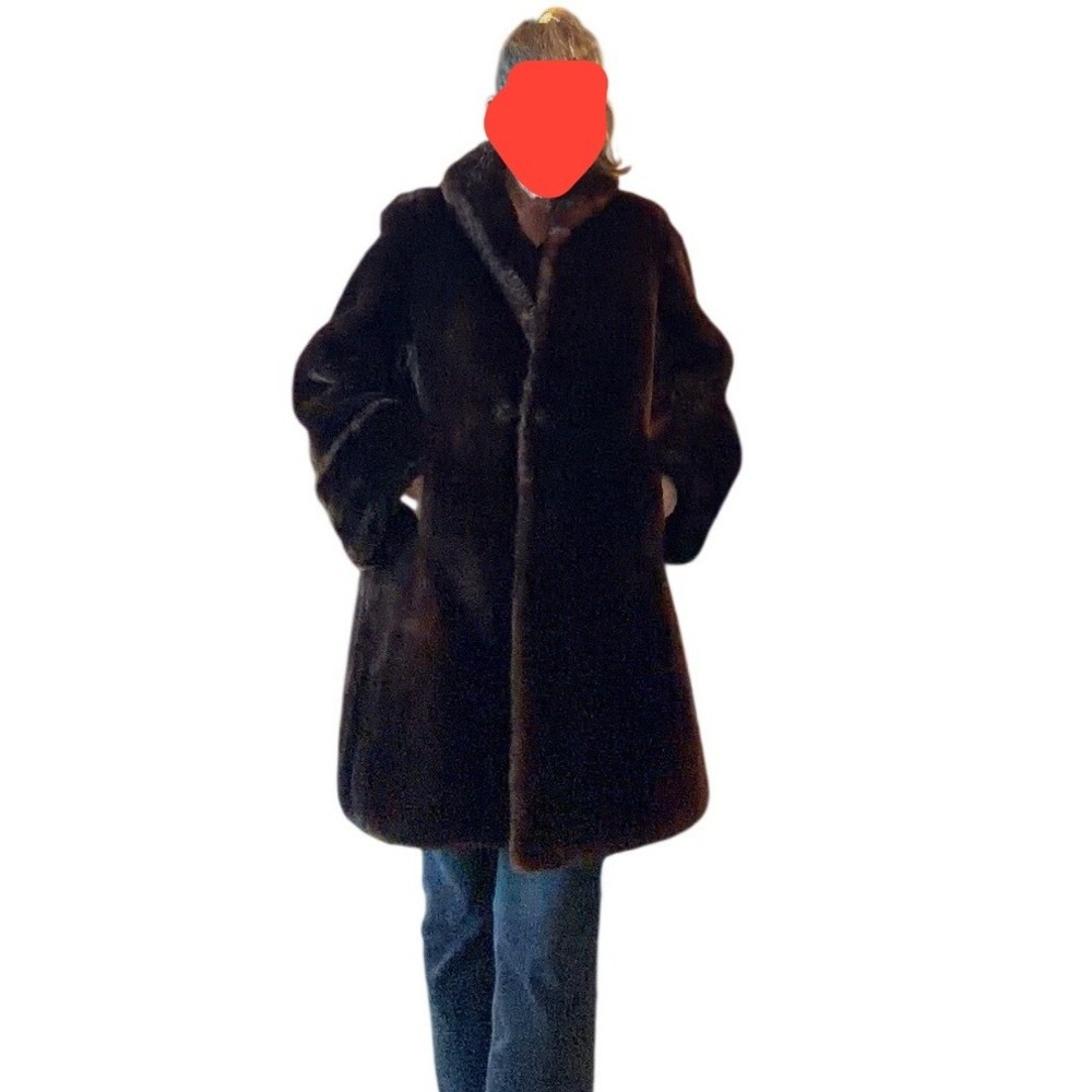 1950s Mouton Style Faux Fur Swing Coat Brown Satin Lined Famous-Barr St Louis